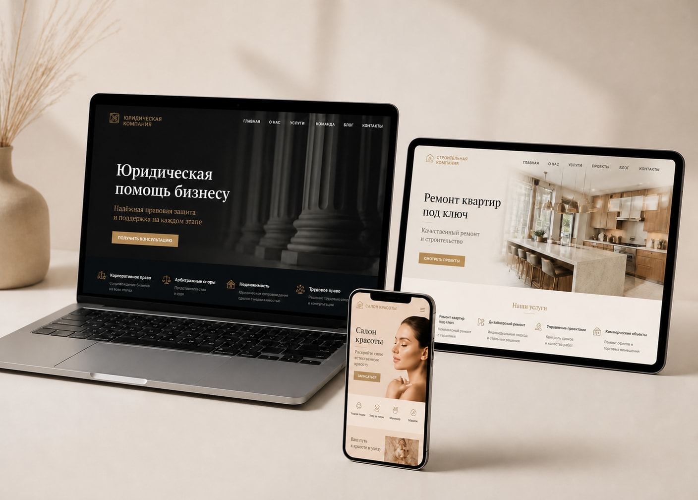 Примеры сайтов на ноутбуке, планшете и смартфоне